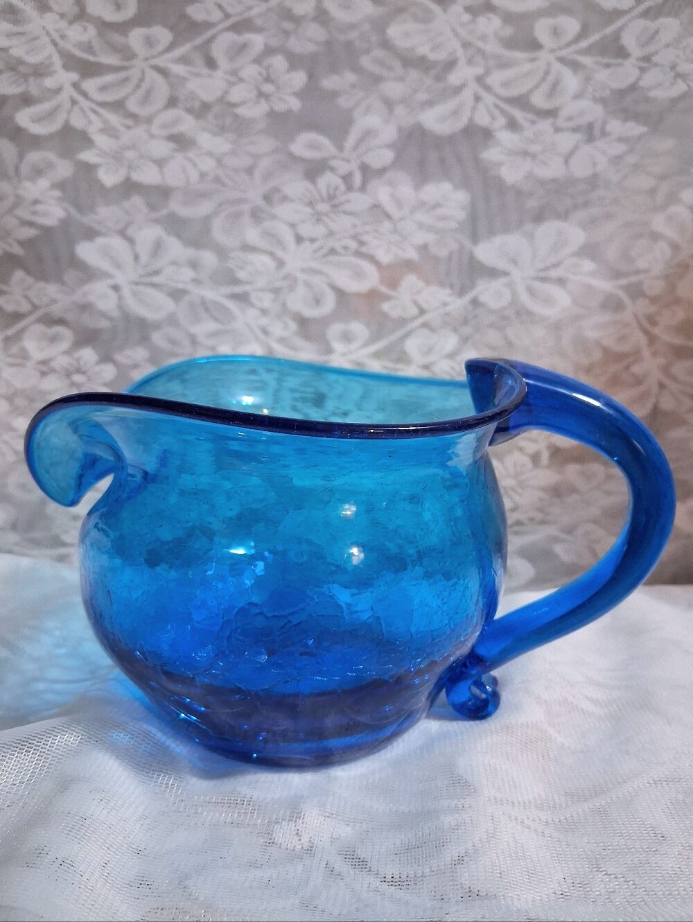 Vintage MCM 5" Crackle Glass Pitcher Sky Blue Wide Mouth Blown Art